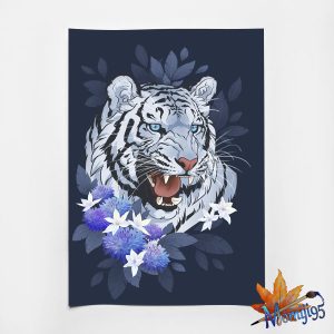 White tiger with blue flowers A4 illustration