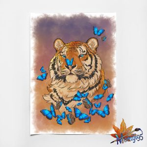 Tiger with blue butterflies A4 illustration