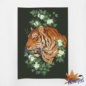 Green tiger with white flowers A4 illustration
