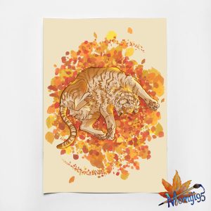 Tiger rolling in leaves A4 illustration